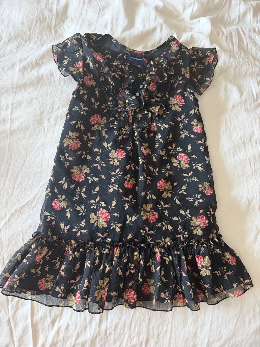 Ralph Lauren Black Floral Ruffle-Trim Dress